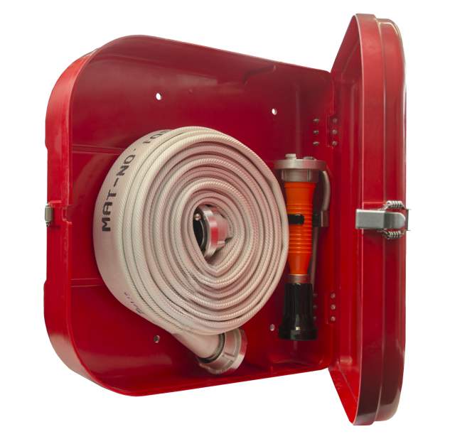 Cabinet for fire hose, GRP, 1x25m fire hose, spanner and nozzle, left side open